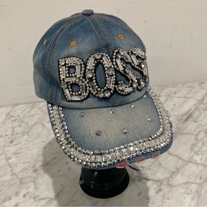 NEW Distressed Blue Denim BOSS Chunky Crystal 💎 Bling Baseball Hat 🧢